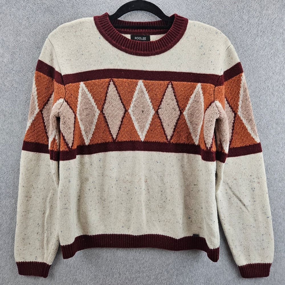 ROOLEE Argyle Sweater Women S Beige Multi Knit Pullover Boho Fall Winter Casual